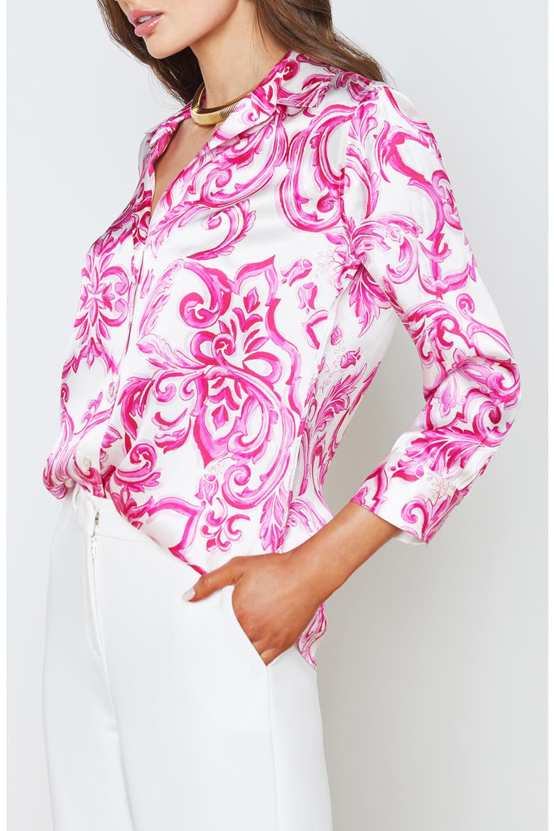 Dani Silk Button-Up Shirt, Alternate, color, WHITE/ PINK MEDITERRANEAN TILE