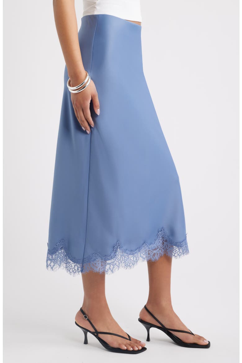 Lace Trim Satin Midi Skirt, Alternate, color, BLUE UMBRA