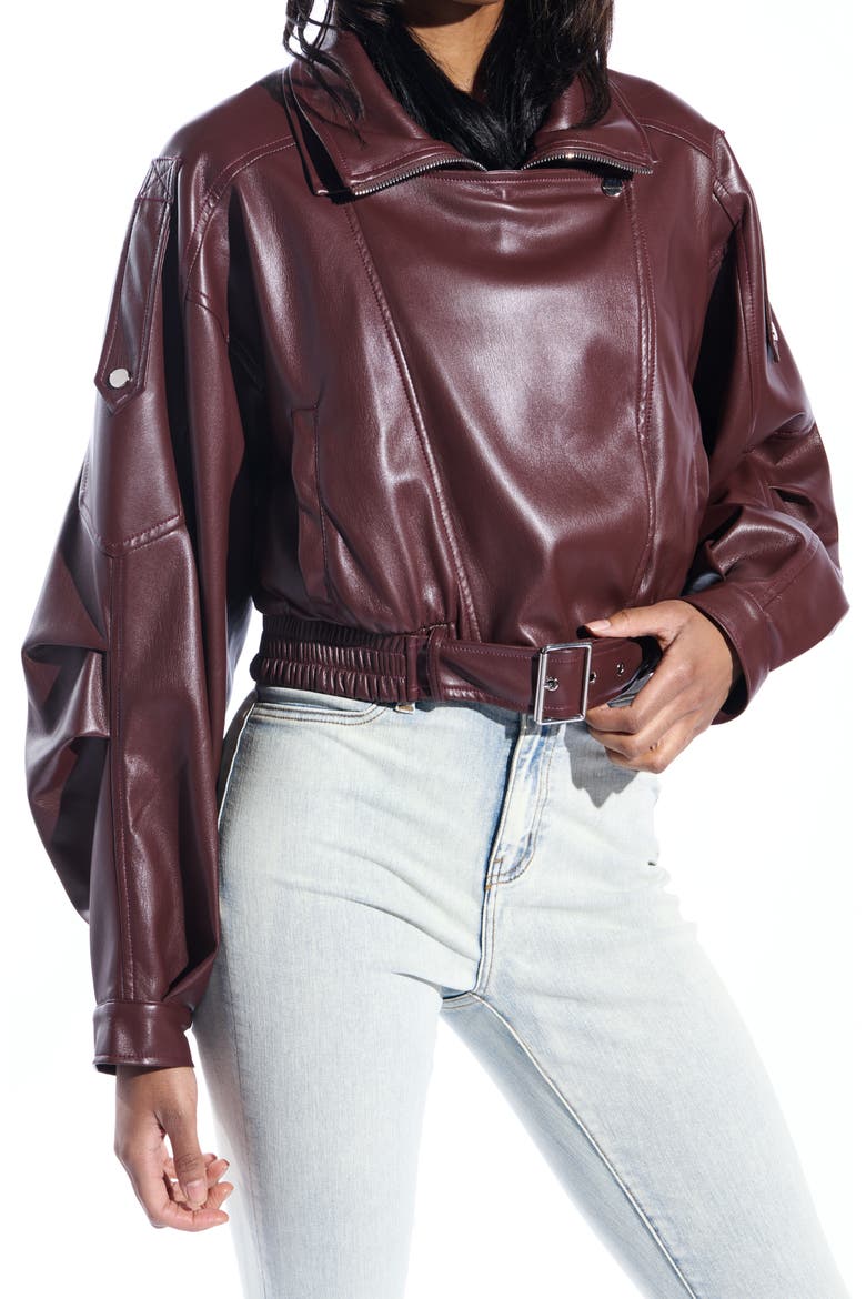 Faux Leather Moto Jacket, Alternate, color, BURGUNDY