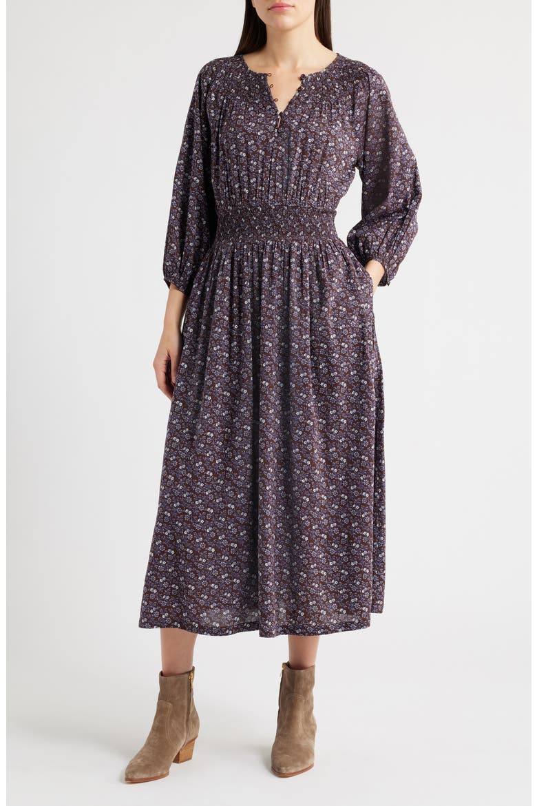 Shirred Splitneck Floral Midi Dress, Main, color, CHOCOLATE RAISIN
