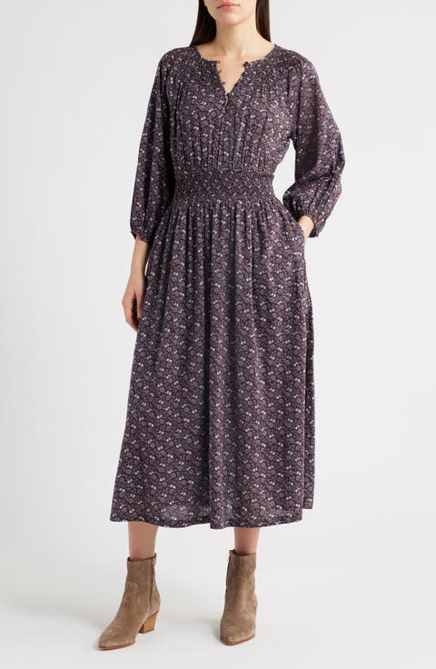 Shirred Splitneck Floral Midi Dress