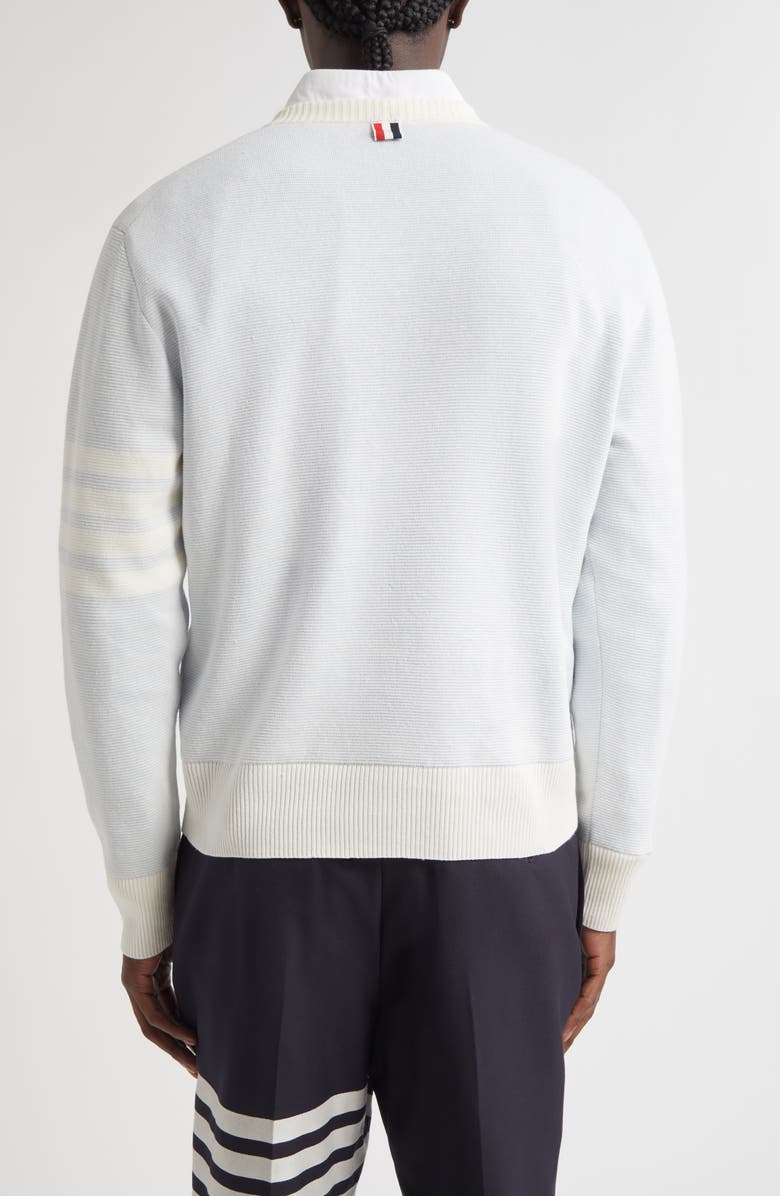 Thom Browne Relaxed Fit 4-Bar Textured Stripe V-Neck Linen & Cotton Sweater, Alternate, color, Light Blue