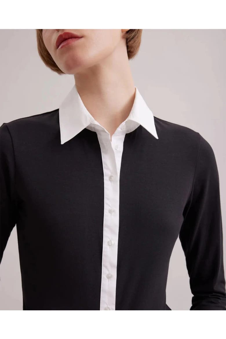 Women's Shirt  Nuage White Cotton Long Sleeve Shirt With Classic Collar And Front Buttons, Alternate, color, Black/White