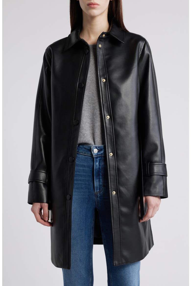 Tie Belt Snap Front Faux Leather Jacket, Alternate, color, BLACK
