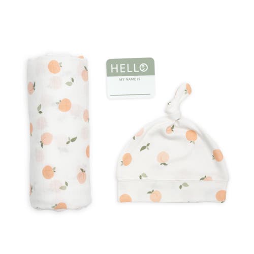 Lulujo Hello World Hat & Swaddle Set In Peaches