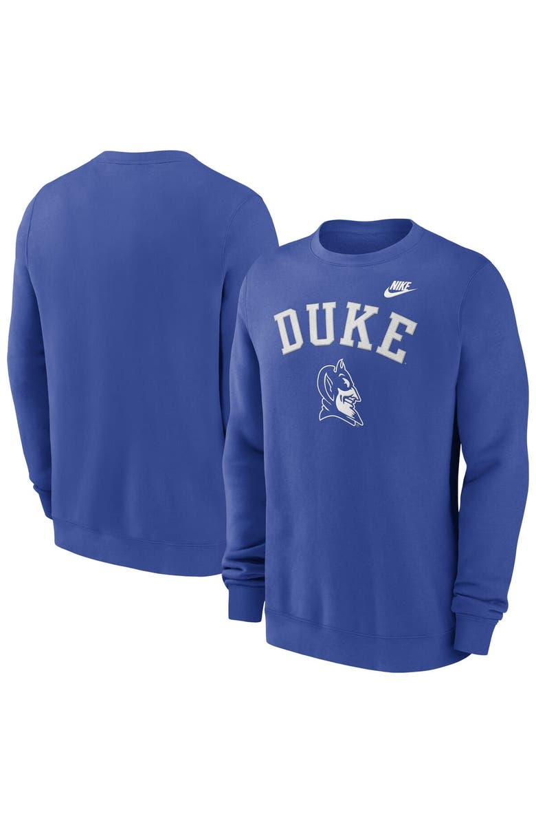 Nike Men's Nike Royal Duke Blue Devils Legacy Classic Tackle Twill Embroidered Arch Over Logo Pullover Sweatshirt, Main, color, 