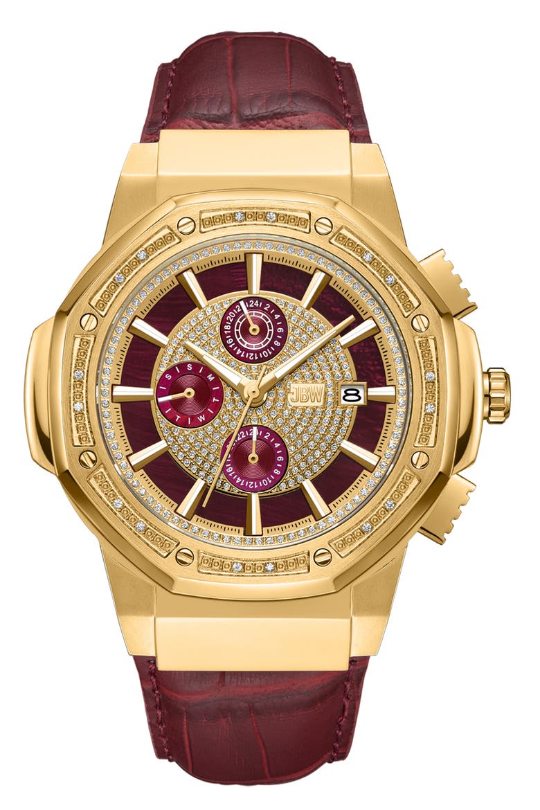 Saxon Diamond Croc Embossed Leather Strap Watch, 44mm - 0.08 ctw, Main, color, BURGUNDY/ 18K GOLD
