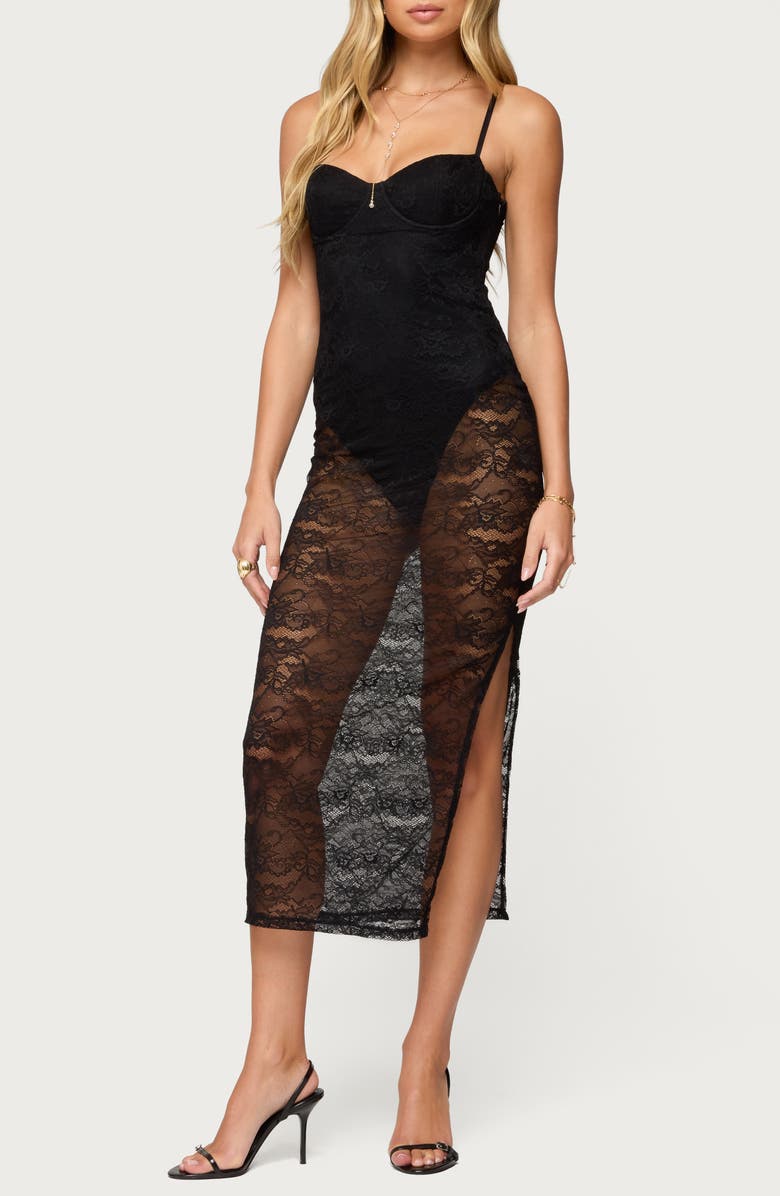 EDIKTED Sheer Lace Midi Body-Con Dress, Alternate, color, Black