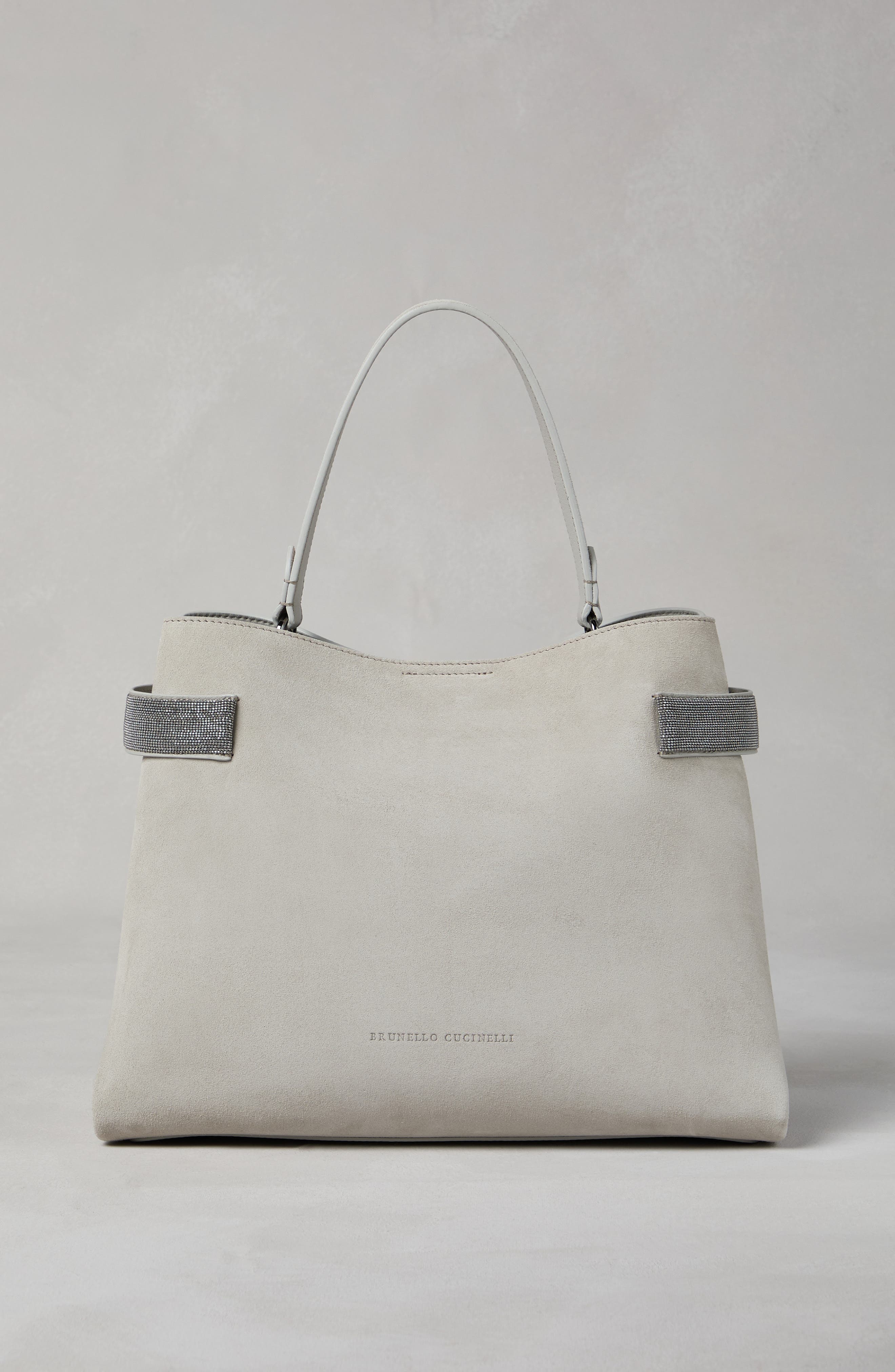 Brunello Cucinelli Essence top-handle bag in suede with precious bands, Alternate, color, 