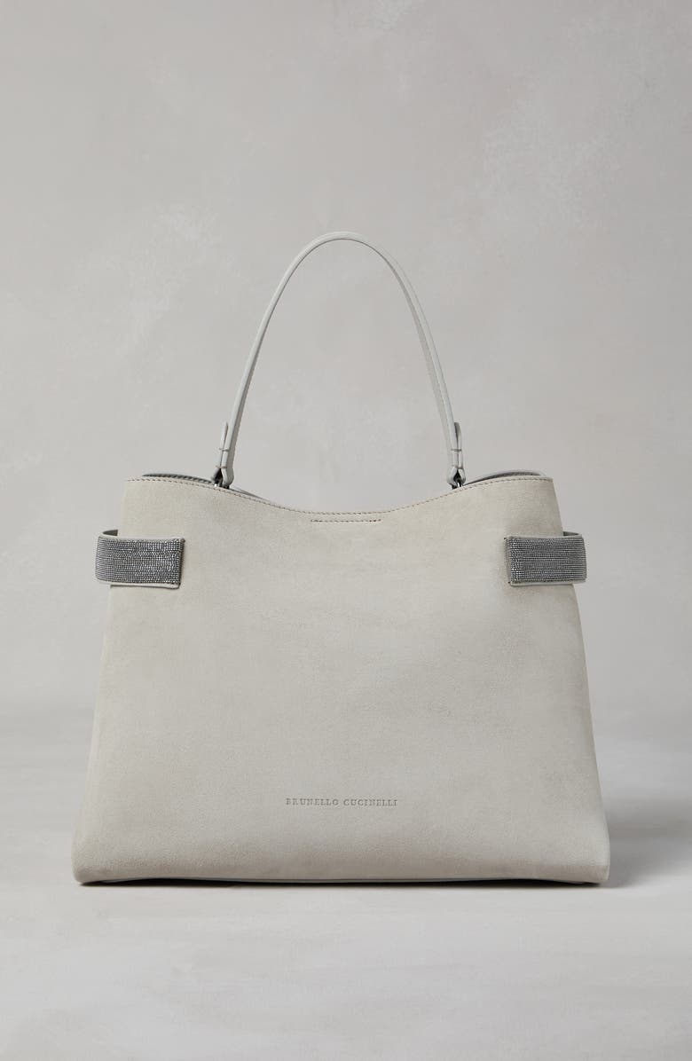 Brunello Cucinelli Essence top-handle bag in suede with precious bands, Alternate, color,