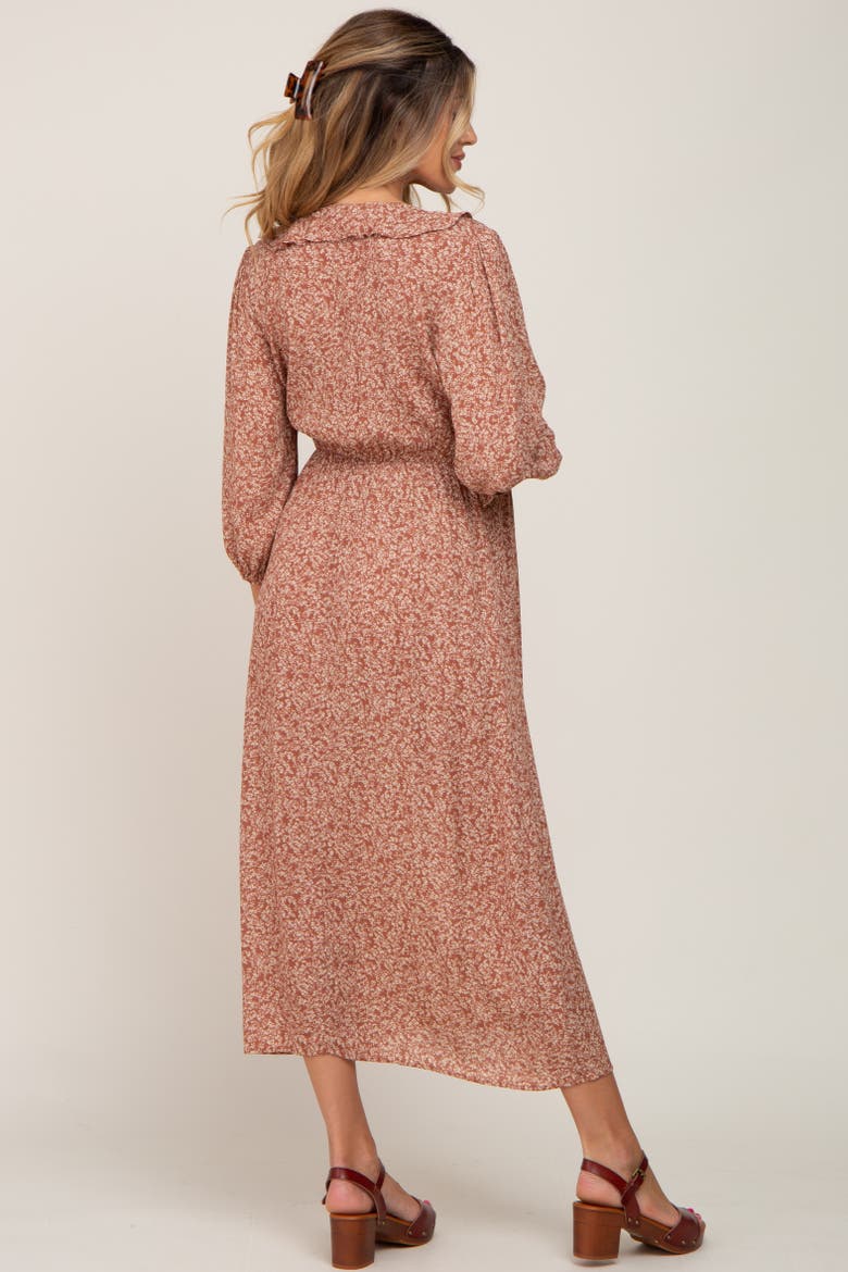 Floral Ruffle V-Neck Midi Dress, Alternate, color, Rust