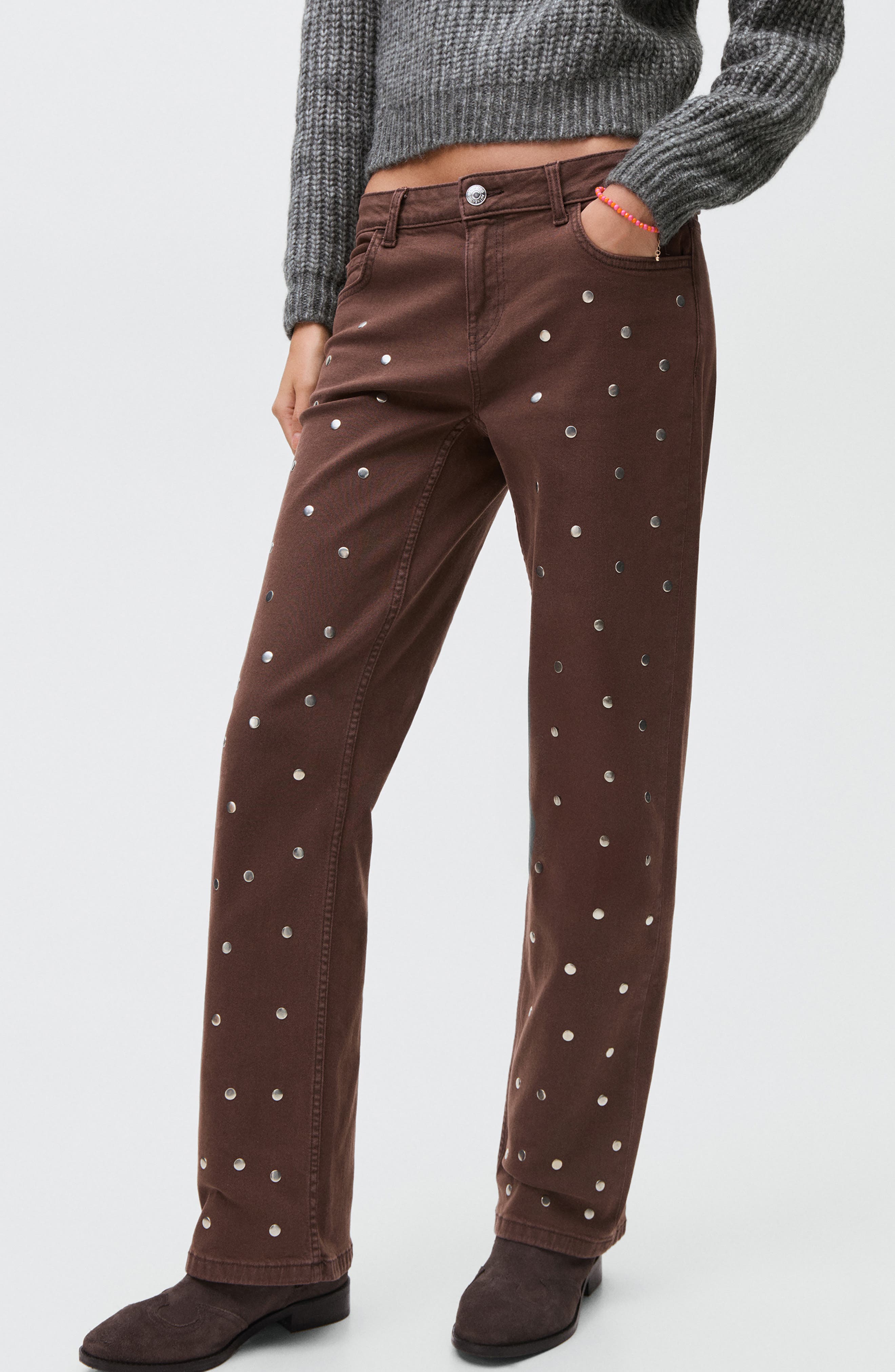 Mango Teen Studded Low Rise Straight Leg Jeans In Brown