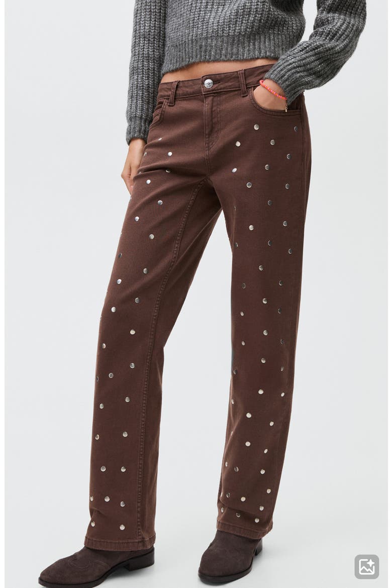 Studded Low Rise Straight Leg Jeans, Main, color, CHOCOLATE