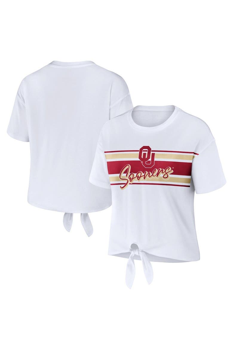 Women's WEAR by Erin Andrews White Oklahoma Sooners Striped Front Knot Cropped T-Shirt, Main, color, White
