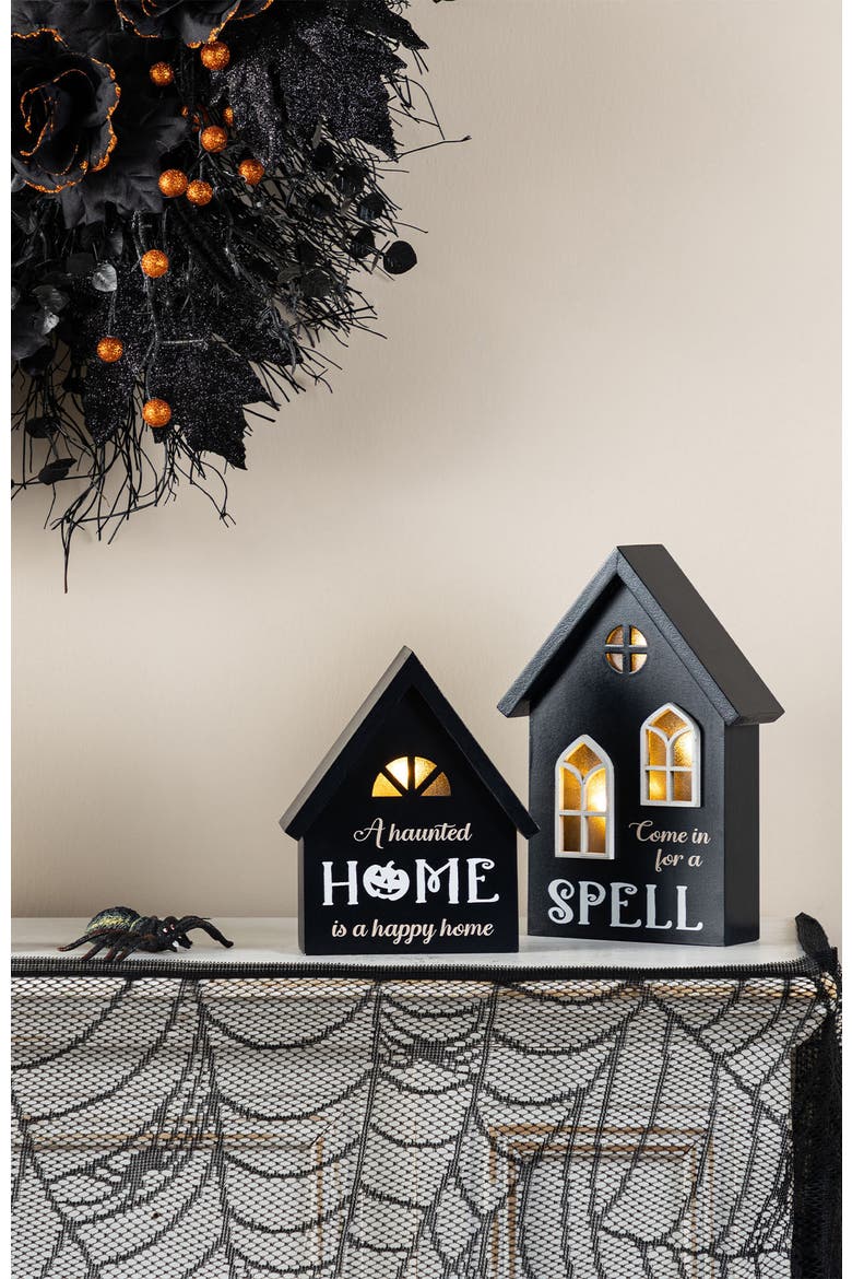 Set of 2 Lighted Halloween Wooden House-shaped Table Decor, Alternate, color, Black