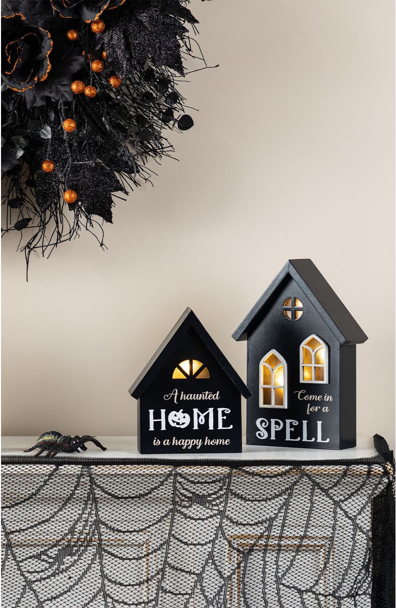 Glitzhome Set of 2 Lighted Halloween Wooden House-shaped Table Decor, Alternate, color, Black