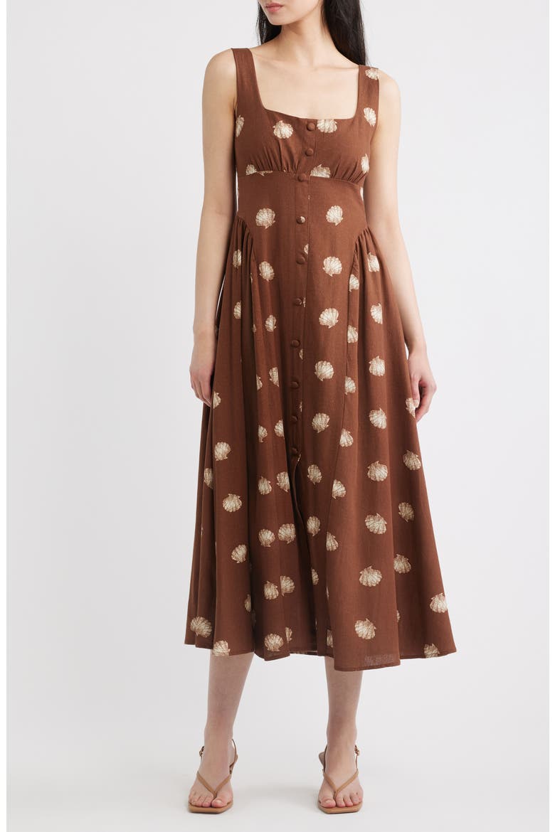 Seashell Print Midi Dress, Main, color, BROWN