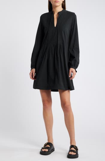 Shop Nation Ltd Ariana Pintuck Long Sleeve Organic Cotton Dress In Jet Black