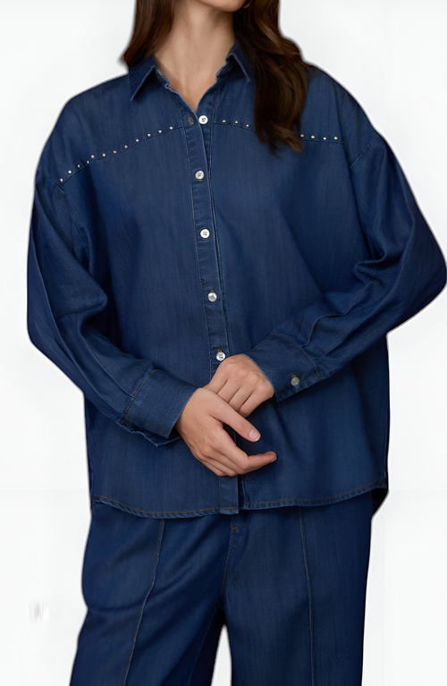 Modenaire Classic Button-up Denim Shirt With Contrast Stitching And Long Sleeves In Blue