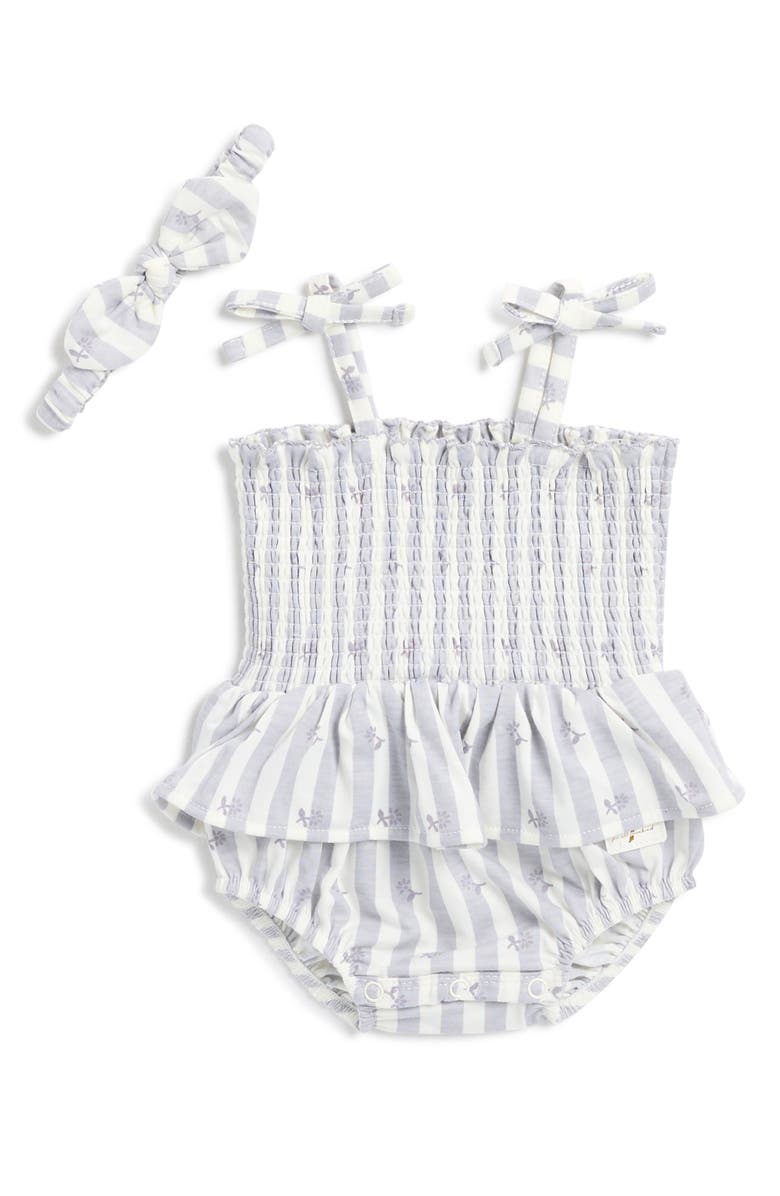 7 For All Mankind Smocked Bubble Bodysuit & Headband Set, Main, color, Lavender Mist