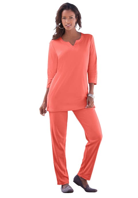 Plus Size Three Quarter Sleeve Notch Neck Soft Knit Tunic