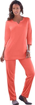 Roaman's Plus Size Three Quarter Sleeve Notch Neck Soft Knit Tunic
