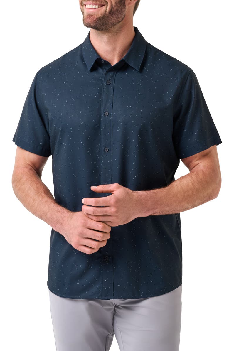 TravisMathew Techwoven Chartered Short Sleeve Performance Button-Up Shirt, Main, color, Total Eclipse