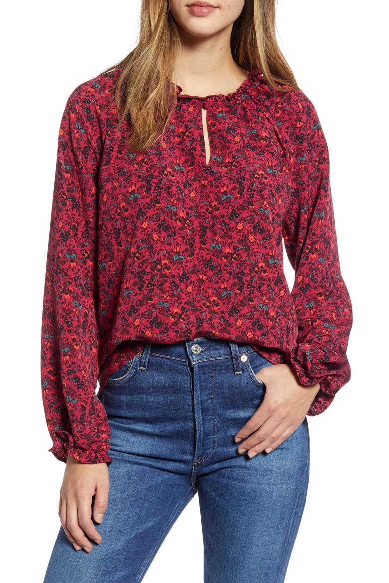 Floral Ruffle Neck Long Sleeve Crepe Blouse, Main, color, DEEP BERRY DITSY
