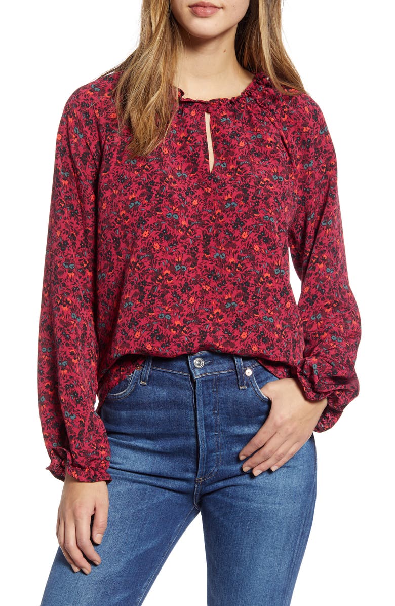 Bobeau Floral Ruffle Neck Long Sleeve Crepe Blouse, Main, color, 