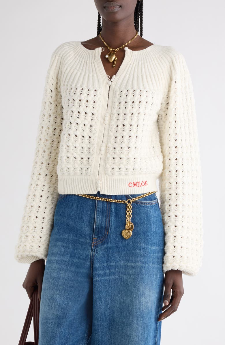 Chloé Balloon Sleeve Tweed Cardigan, Main, color, Iconic Milk