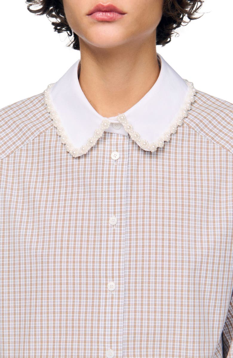 SANDRO Plaid and pearl collar shirt, Alternate, color, Beige / White