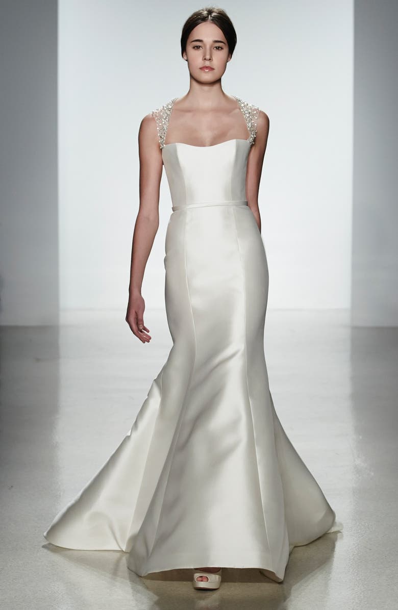 Amsale Lenox Beaded Illusion Strap Silk Blend Trumpet Dress, Alternate, color, 