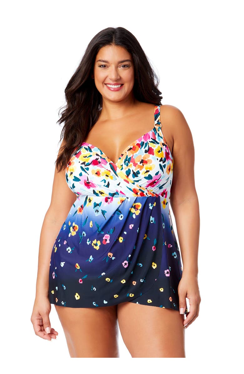 Anne Cole Plus Women's Plus Gradient Floral Swim Dress With Skirted Bottom, Main, color, Gradient Floral