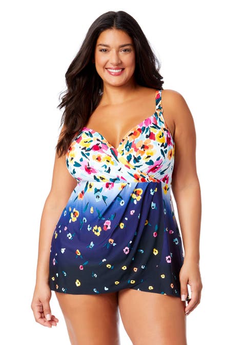 Women's Plus Gradient Floral Swim Dress With Skirted Bottom