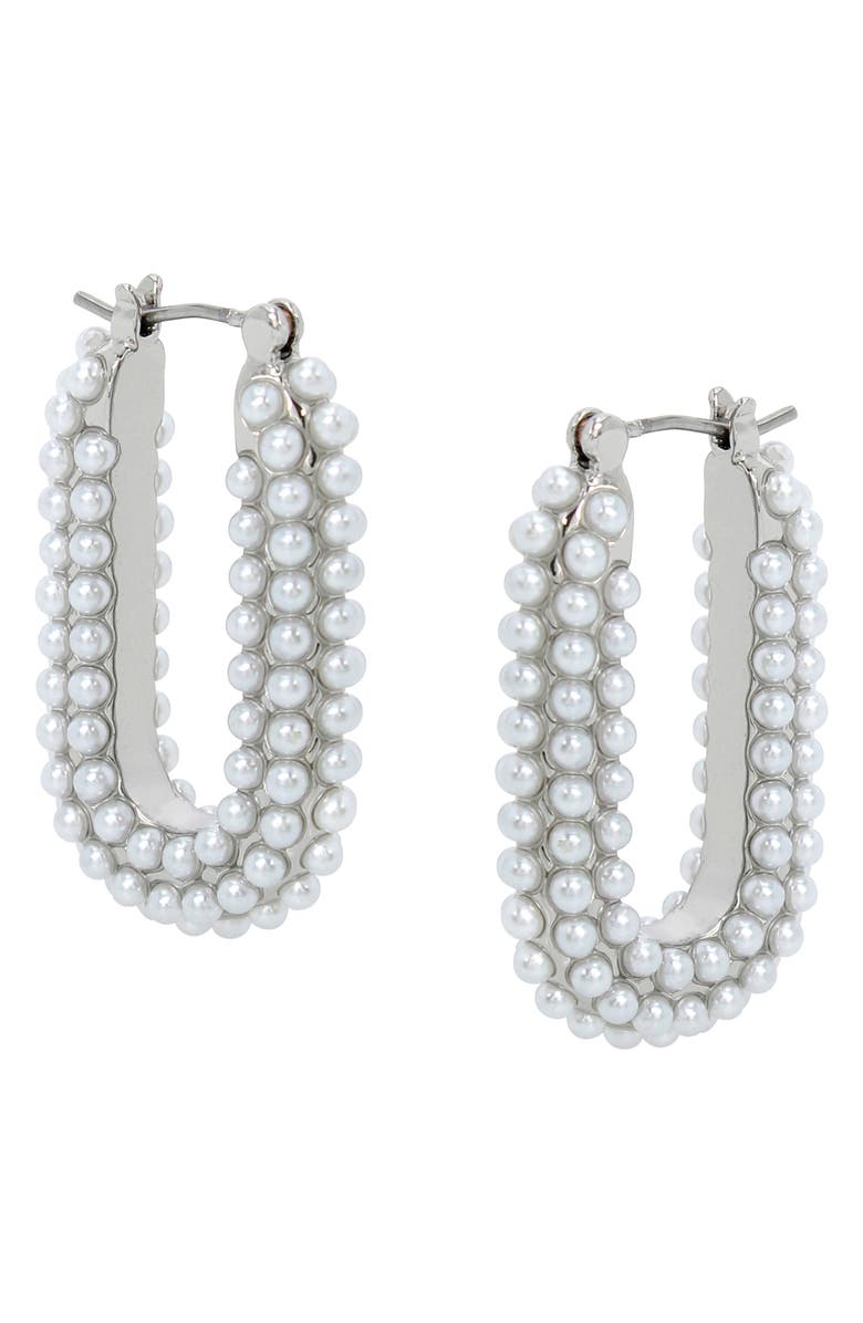 AllSaints Faux Pearl Oval Hoop Earrings, Alternate, color, White/ Rhodium