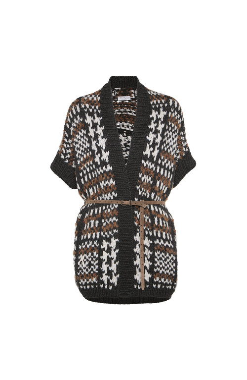 Brunello Cucinelli Houndstooth-pattern Short-sleeve Cardigan In Black