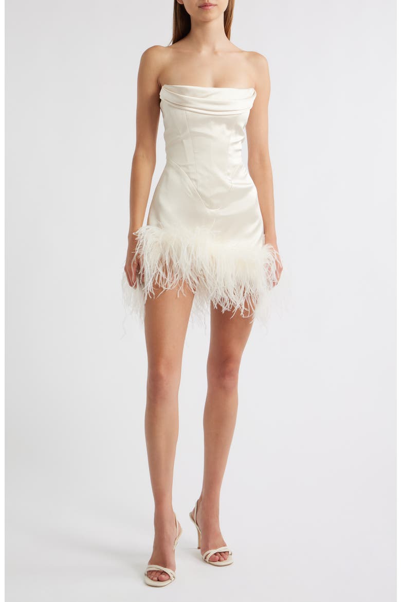 Adrienne Ostrich Feather Hem Strapless Satin Cocktail Minidress, Main, color, IVORY