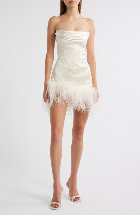 Adrienne Ostrich Feather Hem Strapless Satin Cocktail Minidress