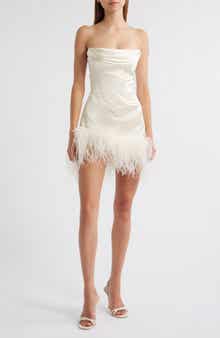 Delfi Collective Adrienne Ostrich Feather Hem Strapless Satin Cocktail Minidress