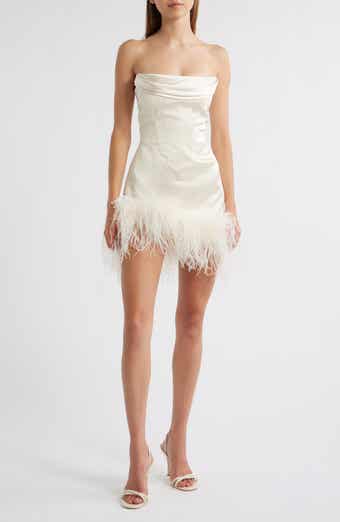 Delfi Collective Adrienne Ostrich Feather Hem Strapless Satin Cocktail Minidress