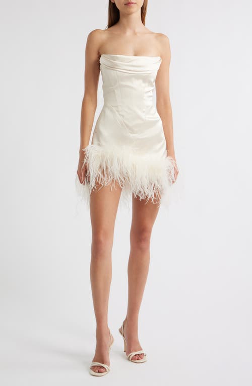 Delfi Collective Adrienne Ostrich Feather Hem Strapless Satin Cocktail Minidress In White
