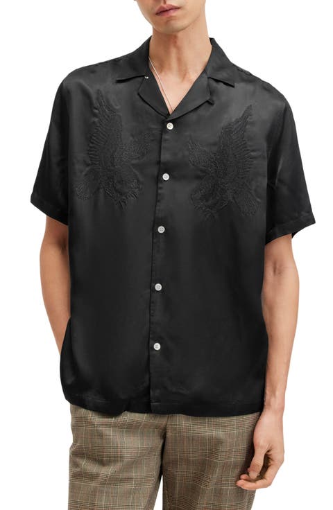Aquila Embroidered Eagle Convertible Collar Camp Shirt