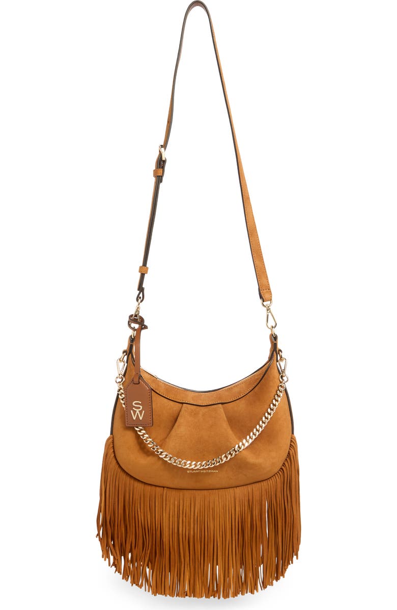 Stuart Weitzman Crescent Fringe Crossbody Bag, Main, color, Camel