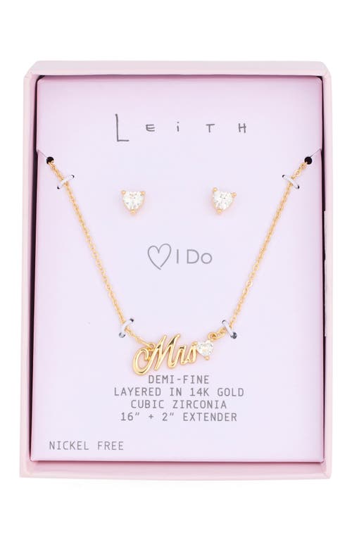 Leith Cz Mrs. Script Necklace & Stud Earrings Set In Clear- Gold