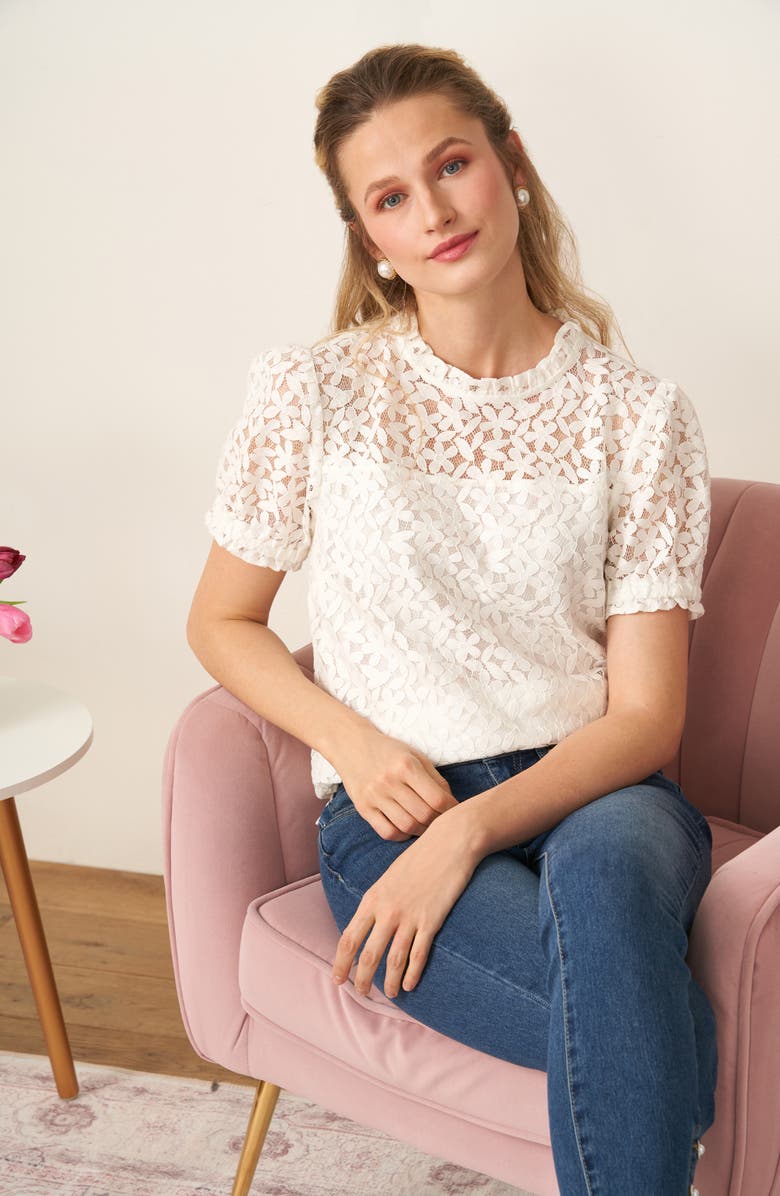 CeCe Puff Sleeve Floral Lace Blouse, Alternate, color, New Ivory