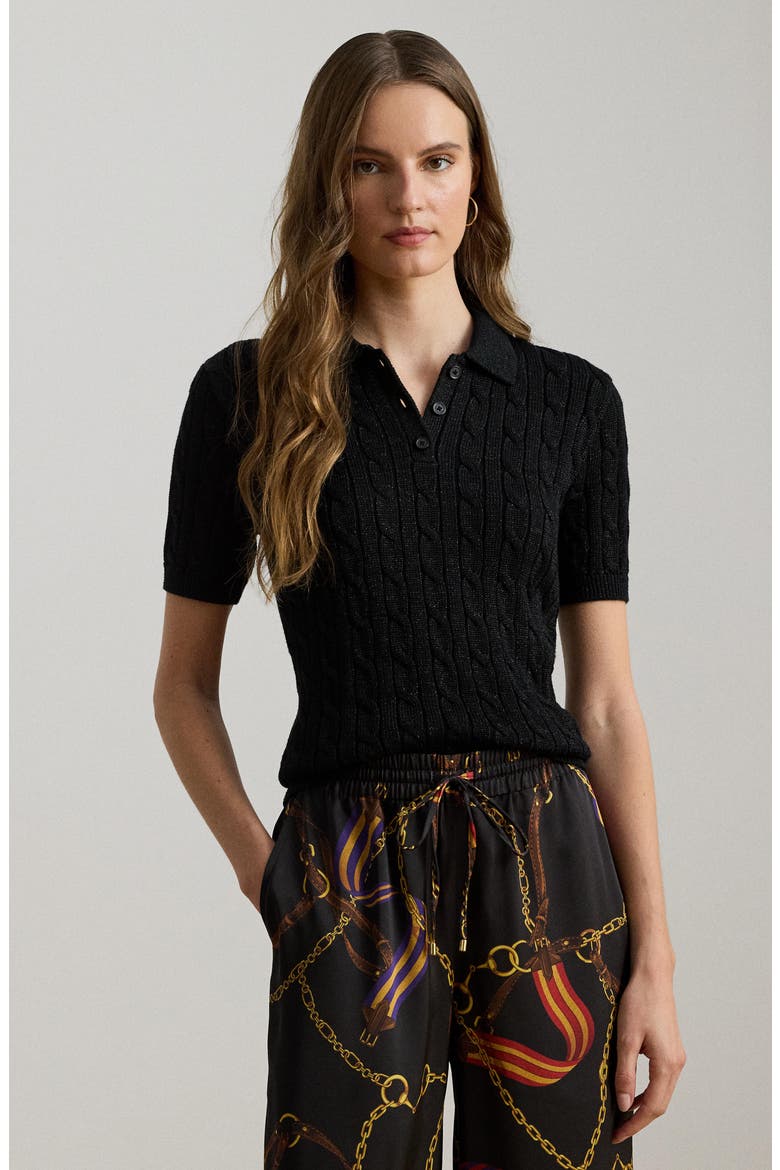 Metallic Cable Polo Sweater, Alternate, color, BLACK METALLIC