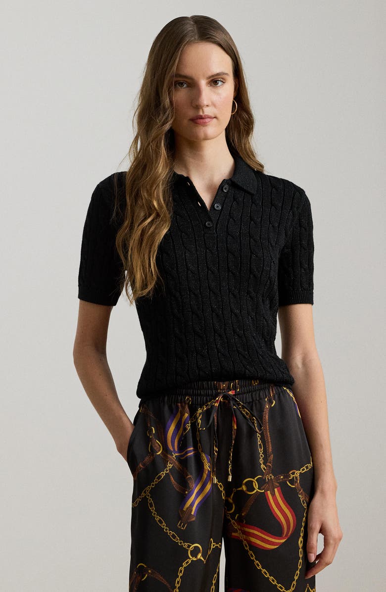 Lauren Ralph Lauren Metallic Cable Polo Sweater, Alternate, color, Black Metallic