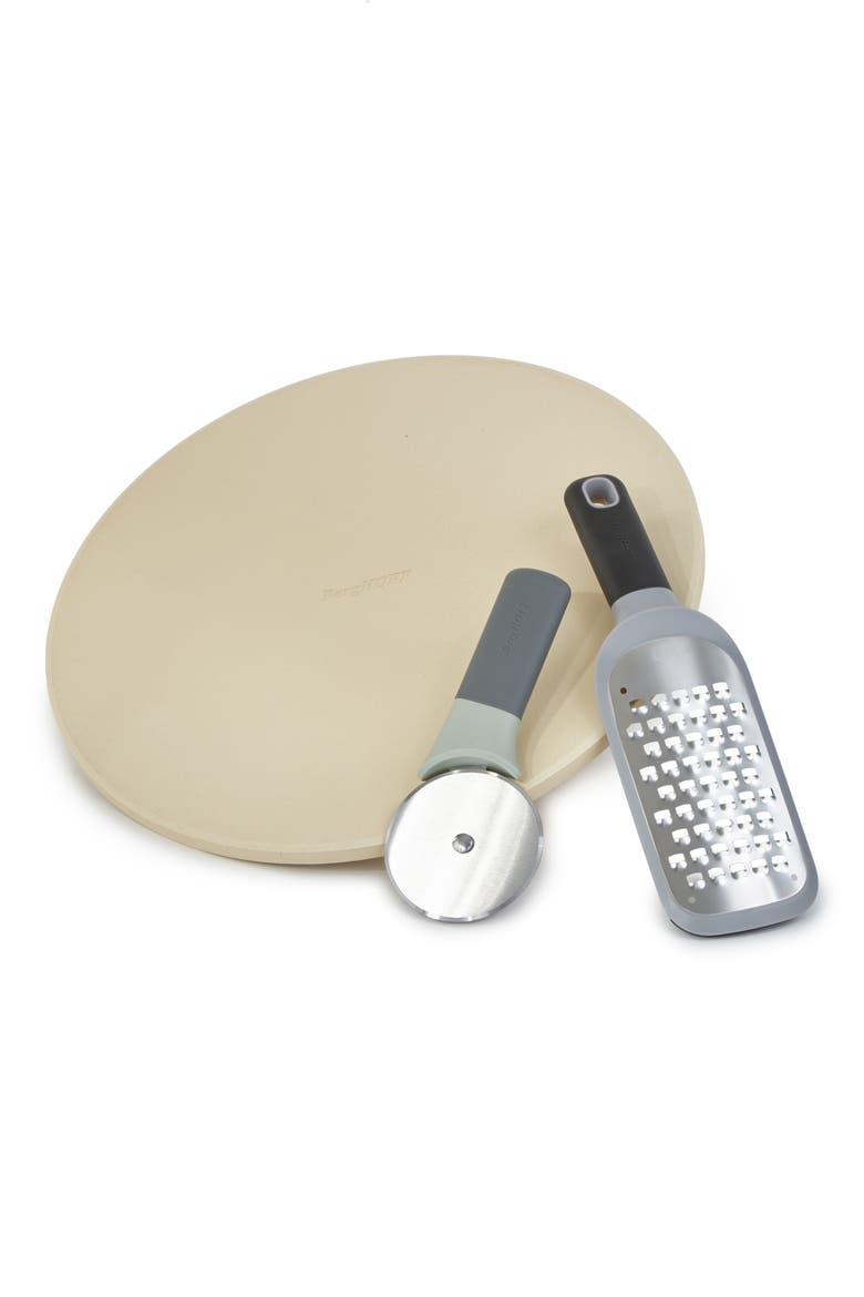 Leo 14-Inch Pizza Stone, Paddle Grater & Cutter Set, Main, color, SILVER