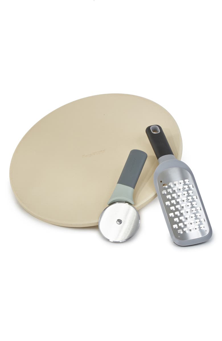 BergHOFF Leo 14-Inch Pizza Stone, Paddle Grater & Cutter Set, Main, color, Silver