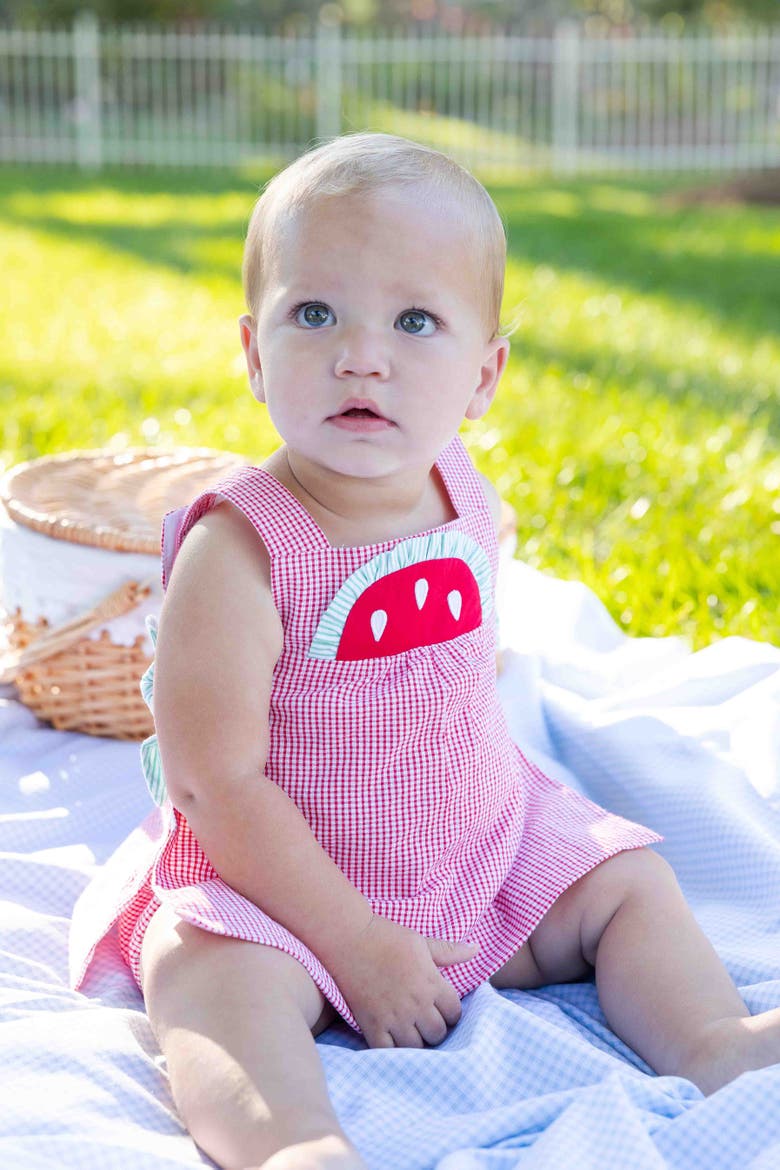 Check Seersucker Dress & Bloomer With Watermelon, Alternate, color, Red/White